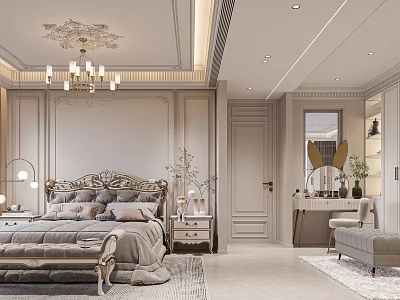 Elegant Bedroom Interior With Ornate Headboard Chandelier Bedside Tables And Vanity Table 3d model