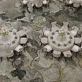 Banquet Hall Interior With Round Dining Tables Tableware Floral Bouquets And Chairs