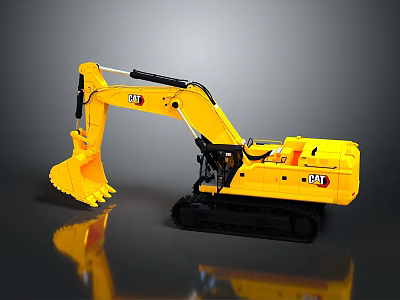 Yellow CAT Tracked Excavator With Front Bucket And Reflective Surface 3d model