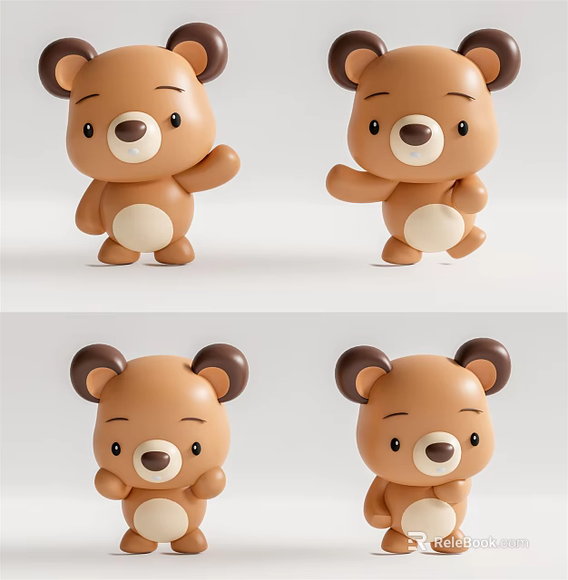 Cute Brown Teddy Bear Dolls In Different Poses With Adorable Expressions 3d model 