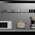 Smeg Kitchen Appliances Microwave Toaster Coffee Machine On Counter With Shelf Jars And Coffee Bags