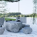 Outdoor Stone Table And Stools Set With Lakeside View Willow Tree On Paved Terrace 3d model