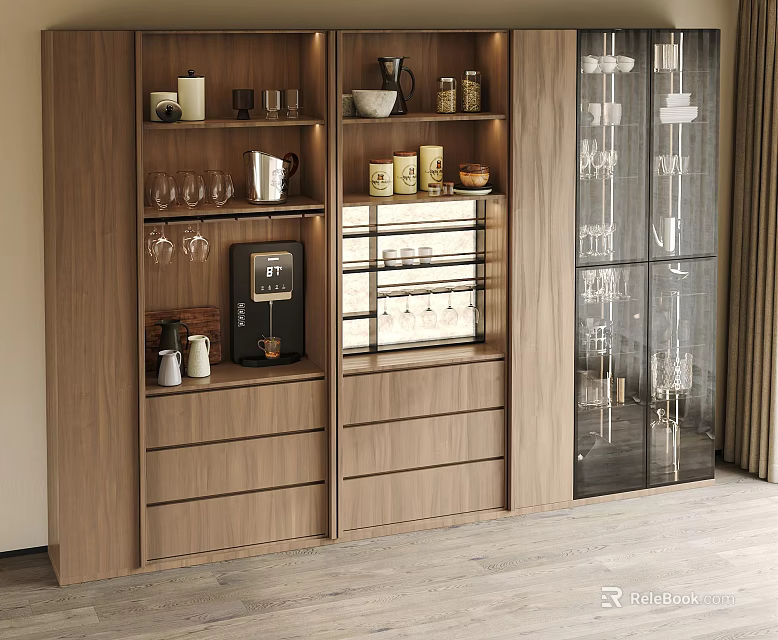 Modern Wooden Wine Cabinet With Glass Door And Storage Shelves For Wine Glasses Bottles 3d model 