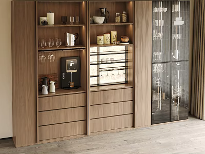 Modern Wooden Wine Cabinet With Glass Door And Storage Shelves For Wine Glasses Bottles 3d model