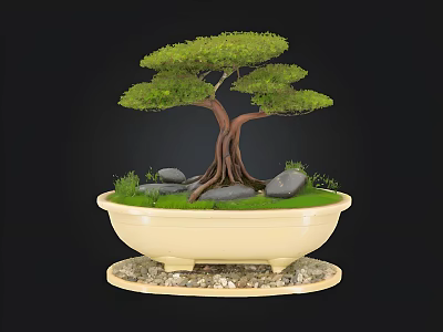Artistic Bonsai Tree In Cream Ceramic Pot With Exposed Roots Green Foliage And Stones 3d model