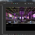 Modern Bar Interior With Neon Lights Purple Pillars Laser Beams Seating Area And Digital Screen