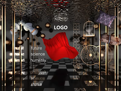 Future Science Themed Art Installation With Red Fabric Birdcage And Checkerboard Floor 3d model