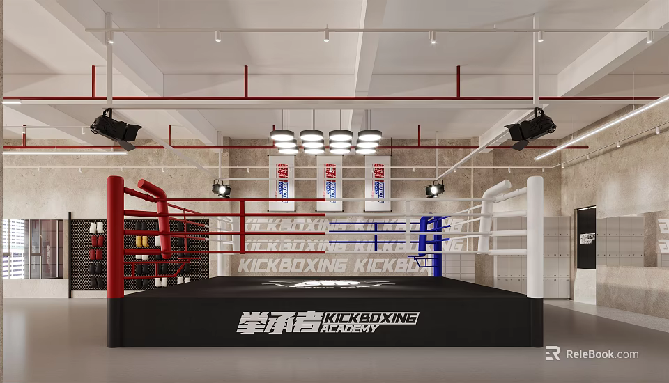 Kickboxing Fitness Training Area With Boxing Ring Red White Ropes And Ceiling Lighting 3d model 