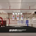 Kickboxing Fitness Training Area With Boxing Ring Red White Ropes And Ceiling Lighting