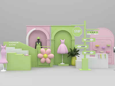 Pink Green Fashion Show Display With Mannequin Dress Flower Decoration STOP Sign Arrows And Plant 3d model