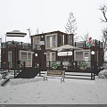 Snowy Winter Container Building With Terrace Bench Snowman Balloons And Christmas Tree