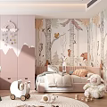 Cozy Kids Room Interior With Forest Animal Wallpaper Bed Stuffed Toys And Rug