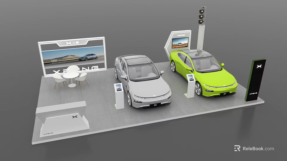 Modern Car Exhibition Stand Display With Gray And Green Vehicles Screens And Furniture 3d model 