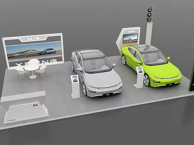 Modern Car Exhibition Stand Display With Gray And Green Vehicles Screens And Furniture 3d model