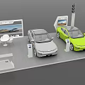 Modern Car Exhibition Stand Display With Gray And Green Vehicles Screens And Furniture