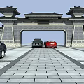 Traditional Chinese Entrance Gate with Classic Architecture and Cars on Stone Paved Path