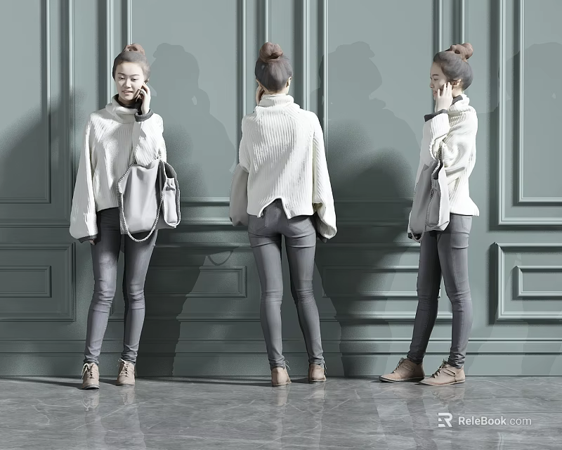 Woman In White Sweater And Gray Pants With Backpack Against Gray Paneled Wall Three Angles 3d model 