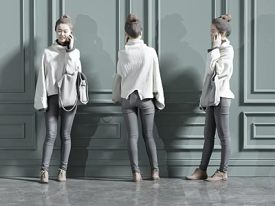 Woman In White Sweater And Gray Pants With Backpack Against Gray Paneled Wall Three Angles 3d model