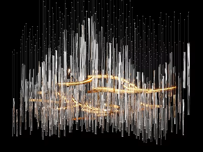Modern Contemporary Chandelier Design With Vertical Metal Rods And Warm Illuminated Glow Lighting 3d model