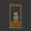 Wooden Display Cabinet With Glass Door Holding Ancient Artifacts And Carved Bottom Drawers