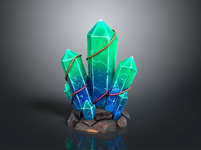 Vibrant Green Blue Crystal Cluster With Red Rope Wrapped On Stone Base 3d model