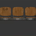 Vintage Wooden Bench With Three Seats Worn Backrests And Metal Legs