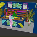 Vibrant Blue Reception Desk with Colorful Patterns Potted Plants Shelf Items and Staff Attending
