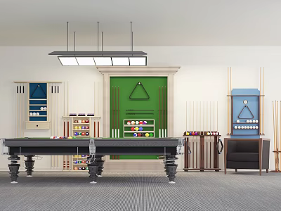 Complete Sports Equipment Setup With Billiard Table Cue Rack Colored Balls And Seat 3d model
