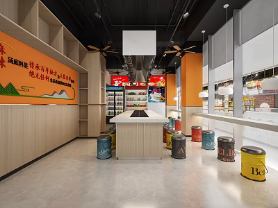 Traditional And Innovative Beijing Food Court With Wooden Walls Colorful Barrels And Bright Interior 3d model