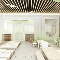 Modern Kindergarten Interior Design With Green Ceiling Wooden Elements Children's Beds Tables And Chairs