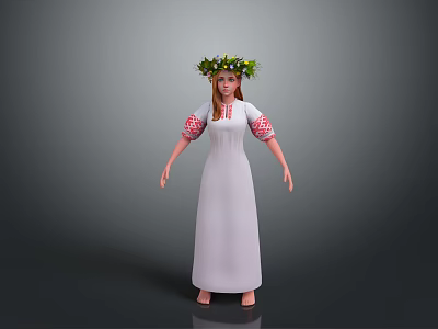 Woman in White Long Dress With Red White Embroidered Sleeves and Green Flower Crown 3d model