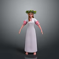 Woman in White Long Dress With Red White Embroidered Sleeves and Green Flower Crown