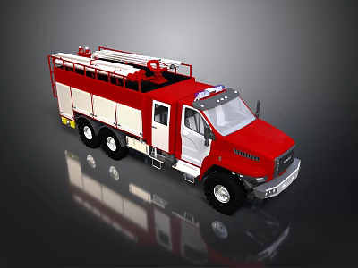 Red And White Fire Truck 3D Rendering With Ladder Wheels And Emergency Features 3d model