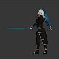 Woman Wearing Black Outfit With Gold Accents Holding Blue Glowing Sword And White Hair
