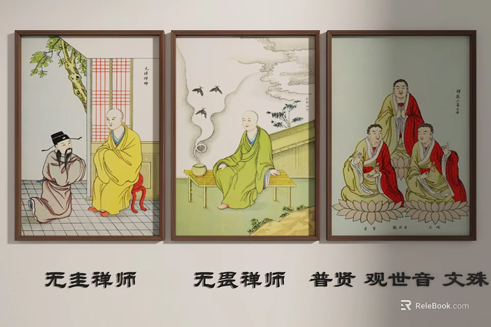 Traditional Chinese Figure Paintings of Zen Monks and Guanyin in Classic Style 3d model 