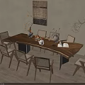 Natural Wooden Dining Table Set With Rattan Back Chairs And Tabletop Decorations