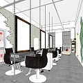 Beauty Hair Salon Interior With Red Sofa Barber Chairs White Workstations Brick Wall Metal Pipes