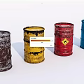 Industrial Equipment Storage Drums Various Colors Rusted Yellow Stained Red with Hazard Sign Blue