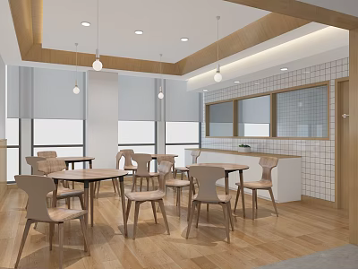 Kindergarten Classroom Interior With Wooden Tables Chairs Large Windows Hanging Lights and Bright Atmosphere 3d model