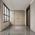 Modern Elevator Hallway Interior Design With Wooden Walls Marble Flooring And Recessed Lighting