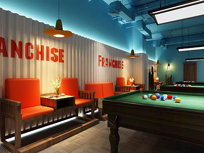 Billiard Room With Blue Walls Red FRANCHISE Lettering Orange Sofas And Pendant Lights 3d model
