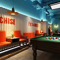 Billiard Room With Blue Walls Red FRANCHISE Lettering Orange Sofas And Pendant Lights