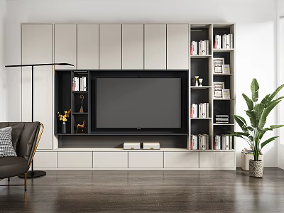 Modern Living Room TV Wall Unit With Bookshelves Storage Cabinets And Plant 3d model