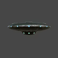 Disc Shaped Metallic UFO With Green Top Lights And Blue Base Lights