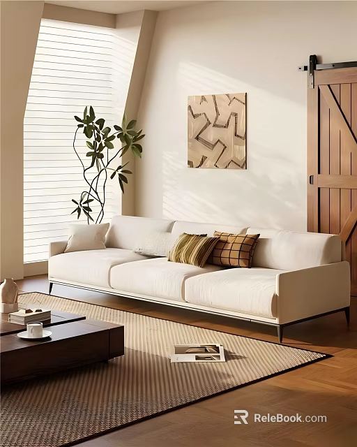Modern White Sofa Set With Decorative Pillows Wooden Floor Blinds Plant And Wall Art 3d model 