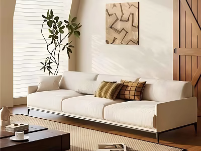 Modern White Sofa Set With Decorative Pillows Wooden Floor Blinds Plant And Wall Art 3d model