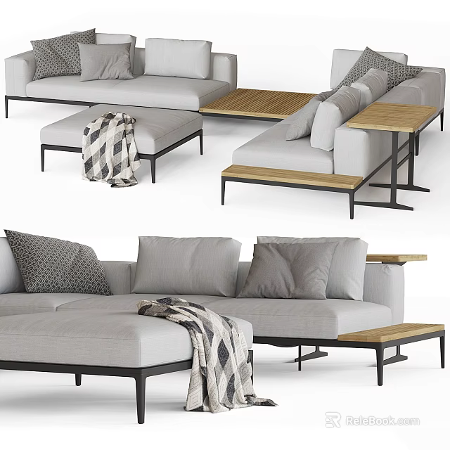 Modern Gray Sectional Sofa With Throw Pillows Knitted Blanket And Wooden Side Tables 3d model 