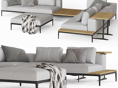 Modern Gray Sectional Sofa With Throw Pillows Knitted Blanket And Wooden Side Tables 3d model