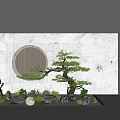 Modern Indoor Landscape With Pine Tree Circular Light Rock Elements And Lattice Backdrop 3d model