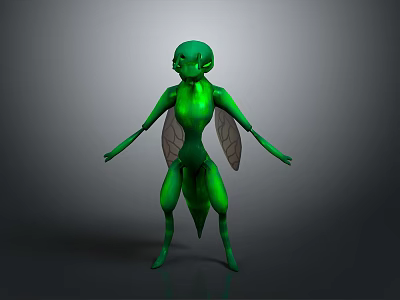 Green Insect With Wings Standing Pose Streamlined Body 3D Model On Gray Background 3d model